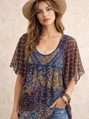 Xhilaration Navy Floral Lace-Trim Flutter Sleeve Boho Blouse